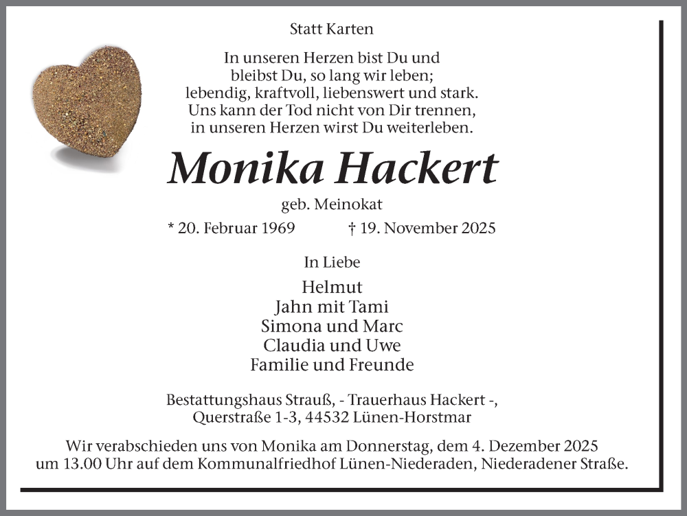  Traueranzeige für Monika Hackert vom 29.11.2025 aus Lüner Anzeiger