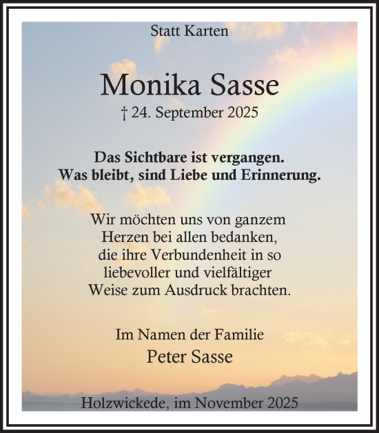 Traueranzeige von Monika Sasse von Hellweger Anzeiger