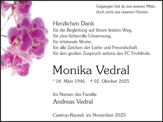Traueranzeige von Monika Vedral von Stadtanzeiger Castrop-Rauxel