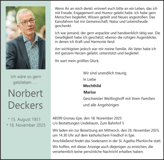 Traueranzeige von Norbert Deckers von Münsterland Zeitung