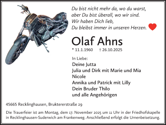 Traueranzeige von Olaf Ahns von Trauer Vest