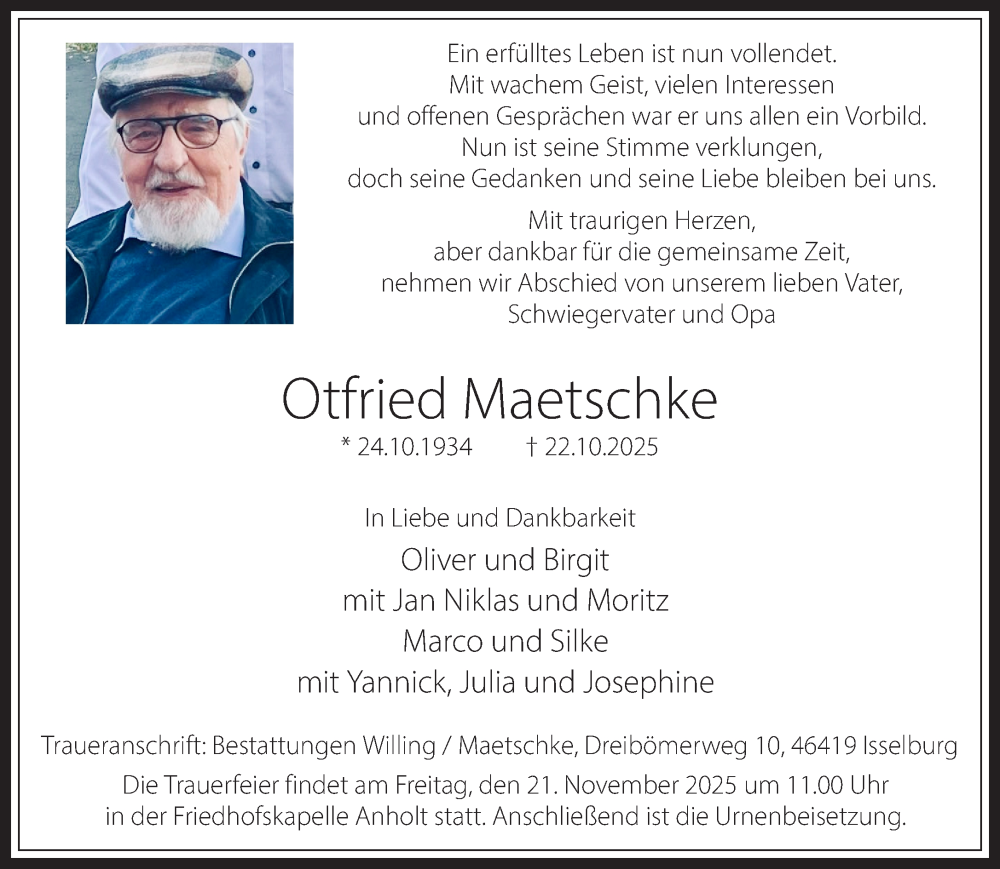  Traueranzeige für Otfried Maetschke vom 15.11.2025 aus 