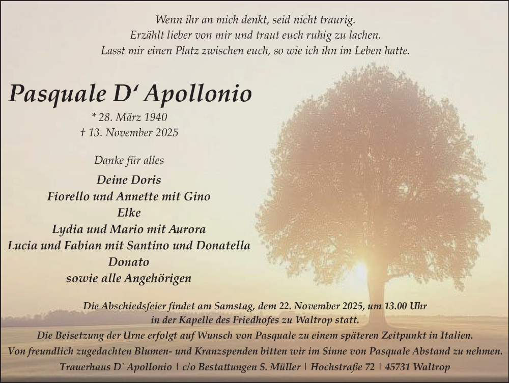  Traueranzeige für Pasquale DApollonio vom 19.11.2025 aus Trauer Vest