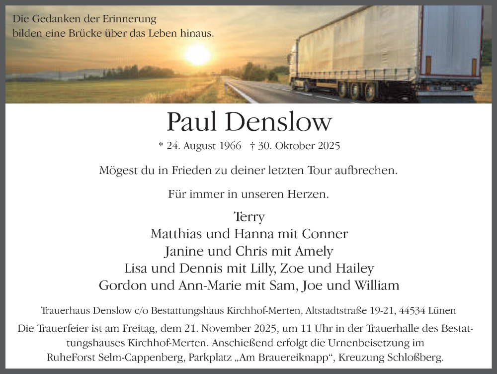  Traueranzeige für Paul Denslow vom 15.11.2025 aus Ruhr Nachrichten