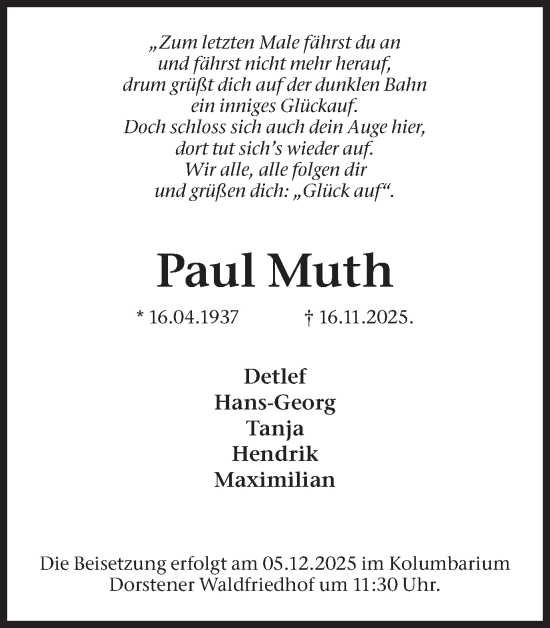 Traueranzeige von Paul Muth von Ruhr Nachrichten und Dorstener Zeitung