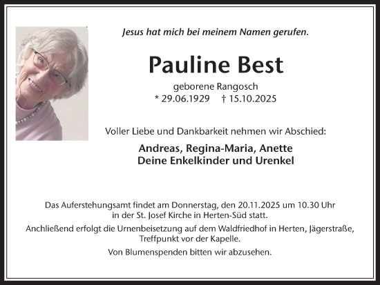 Traueranzeige von Pauline Best von Trauer Vest