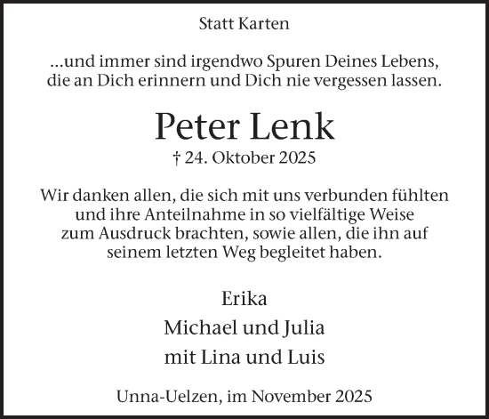 Traueranzeige von Peter Lenk von Hellweger Anzeiger