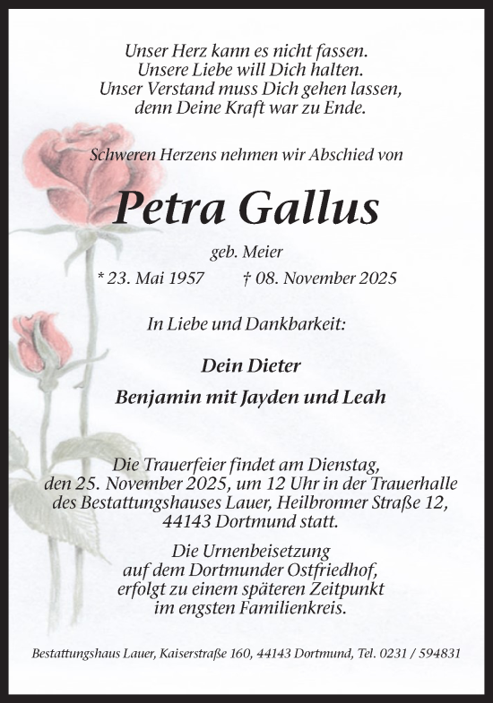 Traueranzeige von Petra Gallus von Ruhr Nachrichten