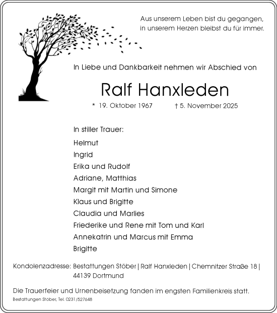 Traueranzeige von Ralf Hanxleden von Ruhr Nachrichten