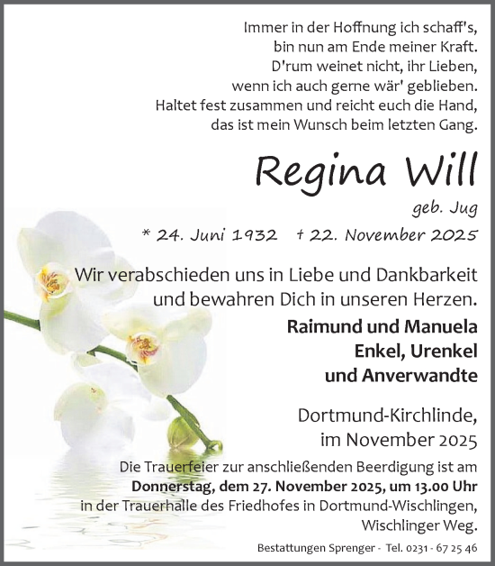 Traueranzeige von Regina Will von Ruhr Nachrichten