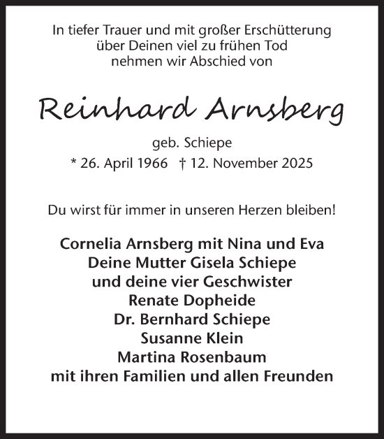 Traueranzeige von Reinhard Arnsberg von Ruhr Nachrichten