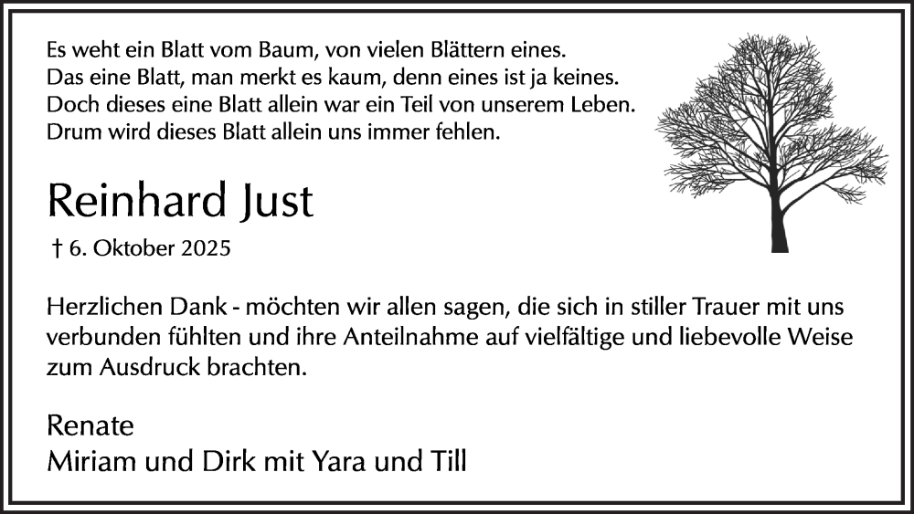  Traueranzeige für Reinhard Just vom 29.11.2025 aus Hellweger Anzeiger