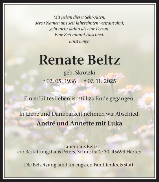 Traueranzeige von Renate Beltz von Trauer Vest