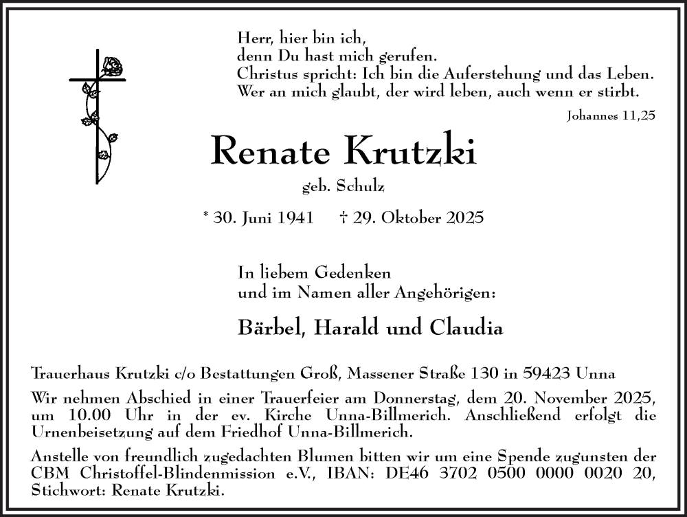  Traueranzeige für Renate Krutzki vom 08.11.2025 aus Hellweger Anzeiger