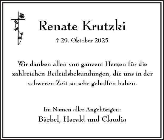 Traueranzeige von Renate Krutzki von Hellweger Anzeiger