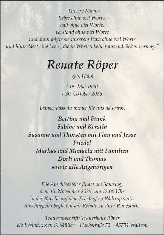 Traueranzeige von Renate Röper von Trauer Vest