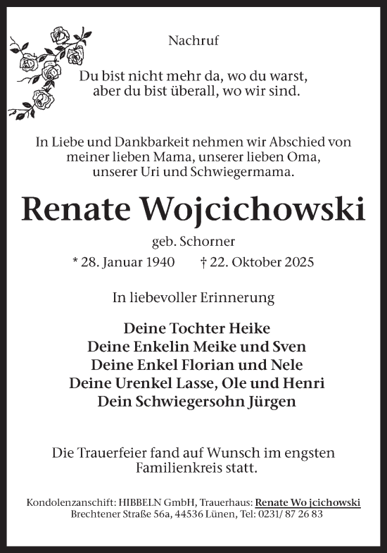 Traueranzeige von Renate Wojcichowski von Ruhr Nachrichten