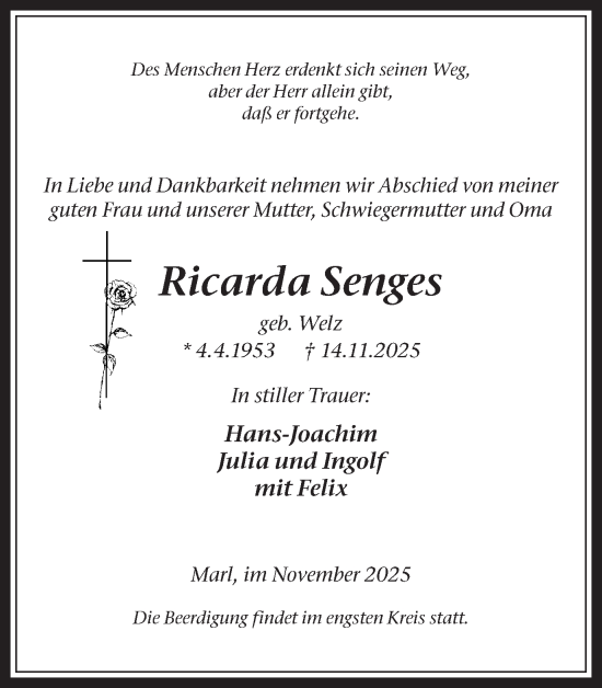 Traueranzeige von Ricarda Senges von Trauer Vest
