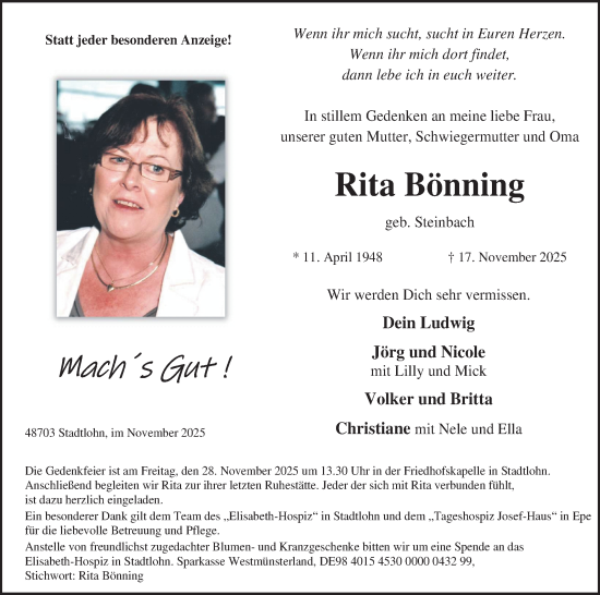 Traueranzeige von Rita Bönning von Münsterland Zeitung