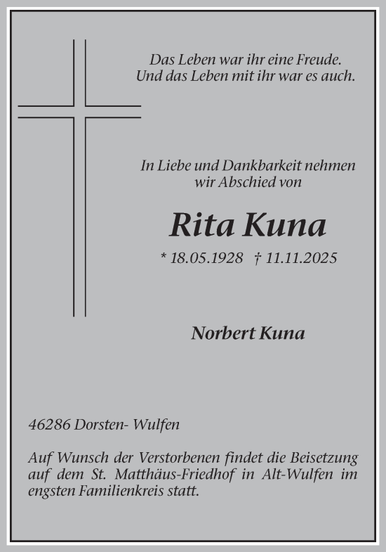Traueranzeige von Rita Kuna von Ruhr Nachrichten und Dorstener Zeitung