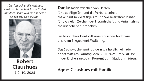 Traueranzeige von Robert Claushues von Münsterland Zeitung