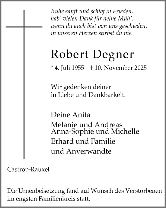 Traueranzeige von Robert Degner von Stadtanzeiger Castrop-Rauxel