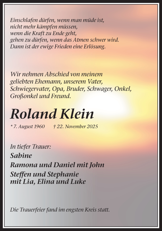 Traueranzeige von Roland Klein von Trauer Vest