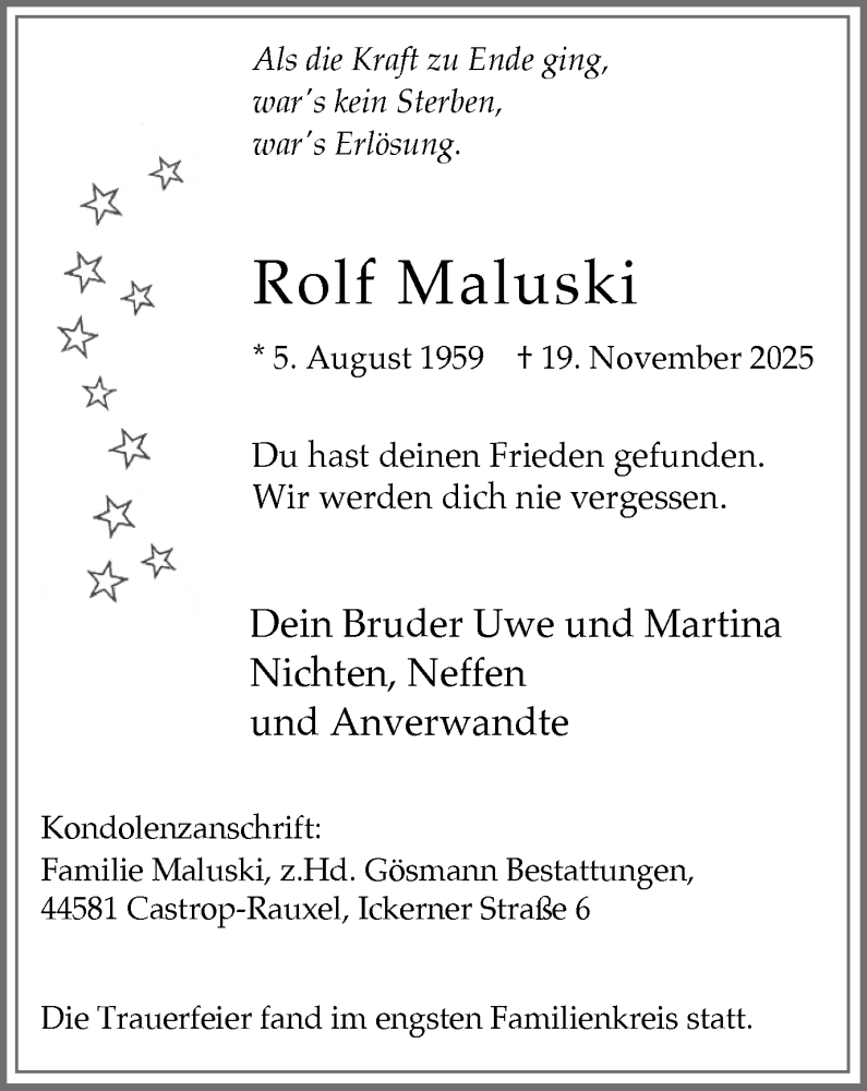  Traueranzeige für Rolf Maluski vom 29.11.2025 aus Stadtanzeiger Castrop-Rauxel