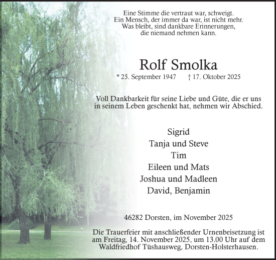 Traueranzeige von Rolf Smolka von Ruhr Nachrichten und Dorstener Zeitung