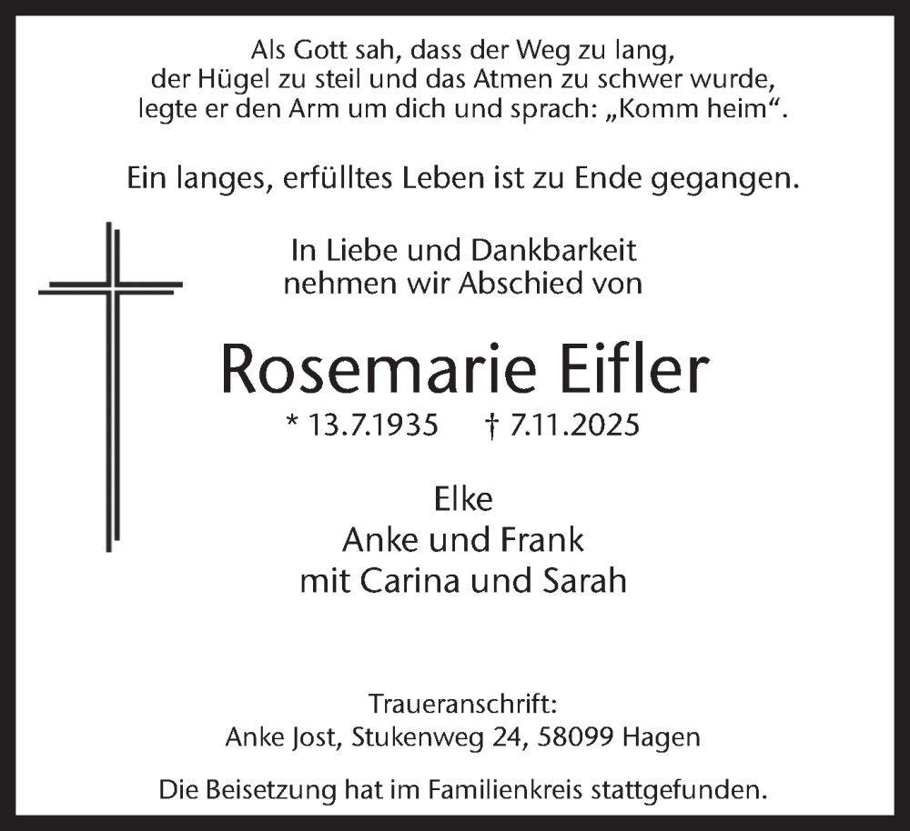  Traueranzeige für Rosemarie Eifler vom 15.11.2025 aus Stadtanzeiger Castrop-Rauxel
