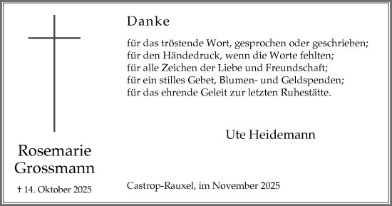 Traueranzeige von Rosemarie Grossmann von Stadtanzeiger Castrop-Rauxel