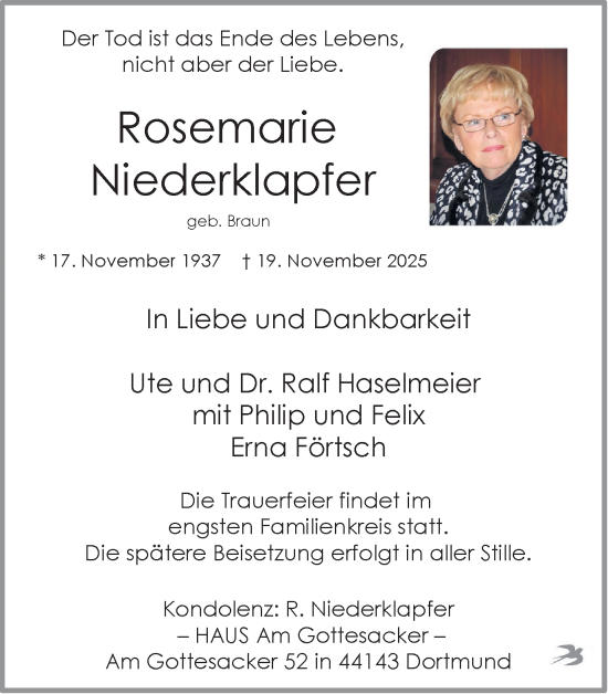 Traueranzeige von Rosemarie Niederklapfer von Ruhr Nachrichten