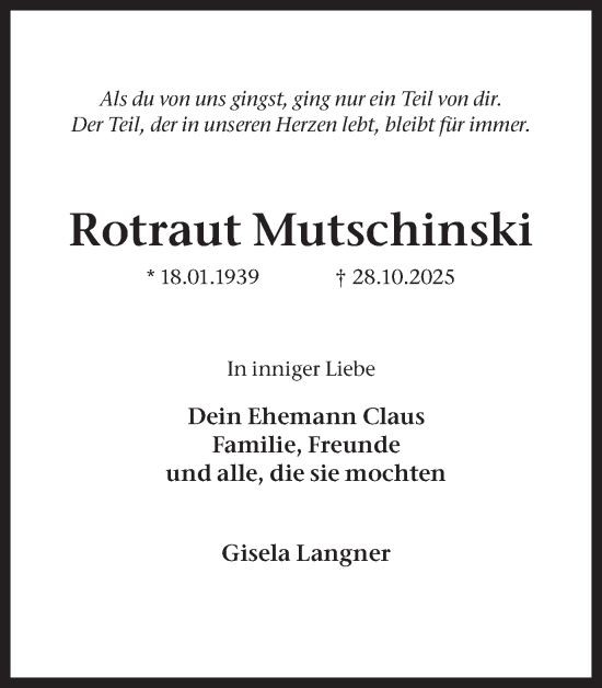 Traueranzeige von Rotraut Mutschinski von Ruhr Nachrichten