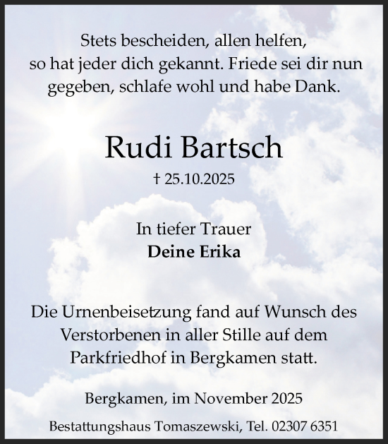 Traueranzeige von Rudi Bartsch von Hellweger Anzeiger