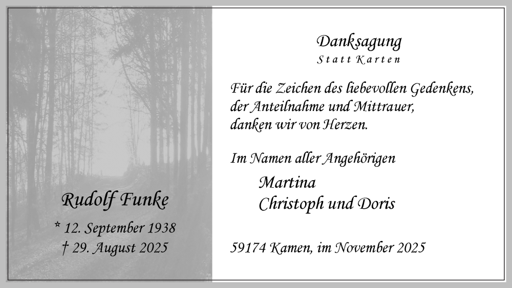  Traueranzeige für Rudolf Funke vom 08.11.2025 aus Hellweger Anzeiger