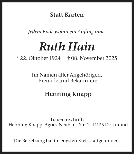 Traueranzeige von Ruth Hain von Lüner Anzeiger
