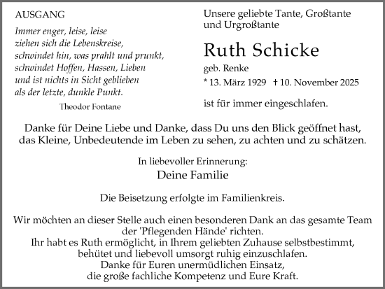 Traueranzeige von Ruth Schicke von Stadtanzeiger Castrop-Rauxel