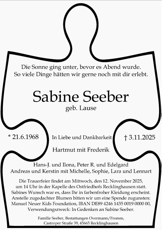 Traueranzeige von Sabine Seeber von Trauer Vest