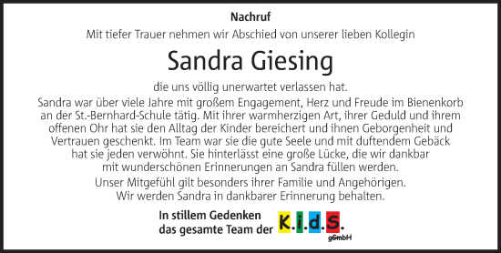 Traueranzeige von Sandra Giesing 