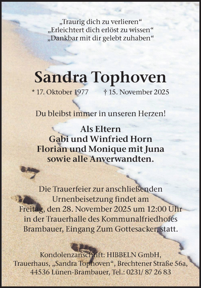  Traueranzeige für Sandra Tophoven vom 22.11.2025 aus Lüner Anzeiger