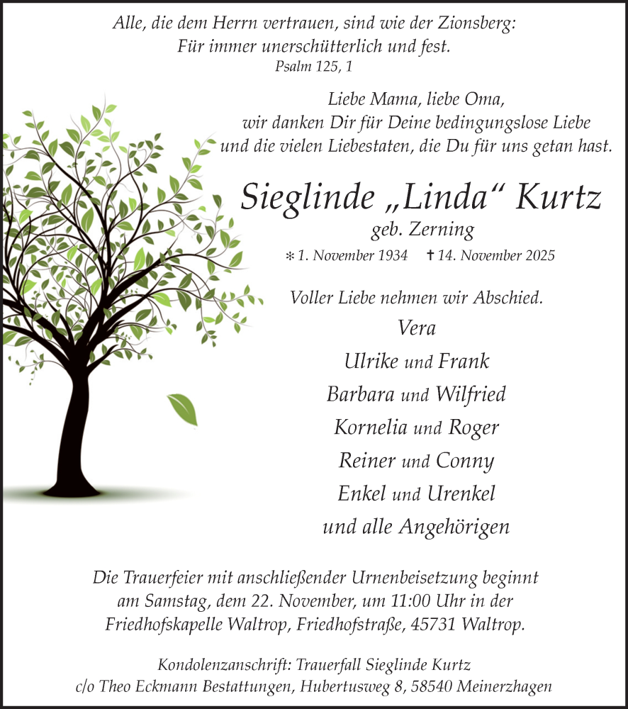  Traueranzeige für Sieglinde Kurtz vom 18.11.2025 aus Trauer Vest