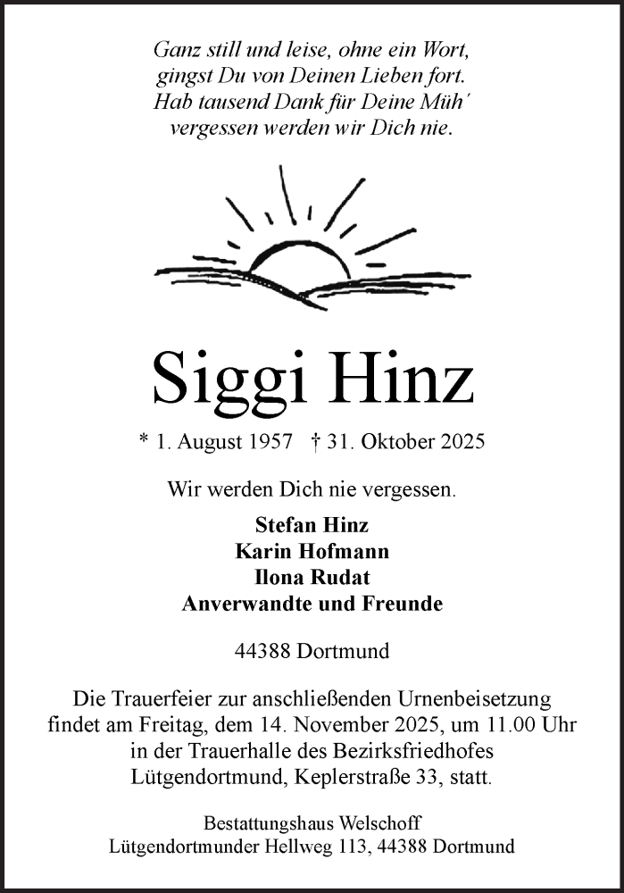  Traueranzeige für Siggi Hinz vom 08.11.2025 aus Ruhr Nachrichten