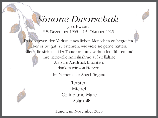 Traueranzeige von Simone Dworschak von Lüner Anzeiger