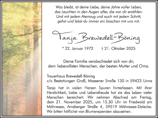 Traueranzeige von Tanja Brewedell-Böning von Hellweger Anzeiger