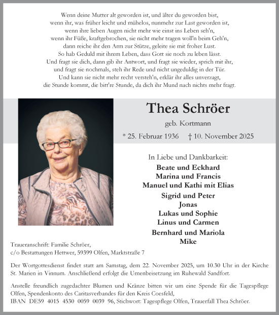 Traueranzeige von Thea Schröer von Ruhr Nachrichten