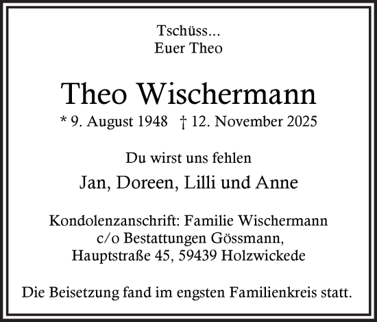Traueranzeige von Theo Wischermann von Ruhr Nachrichten