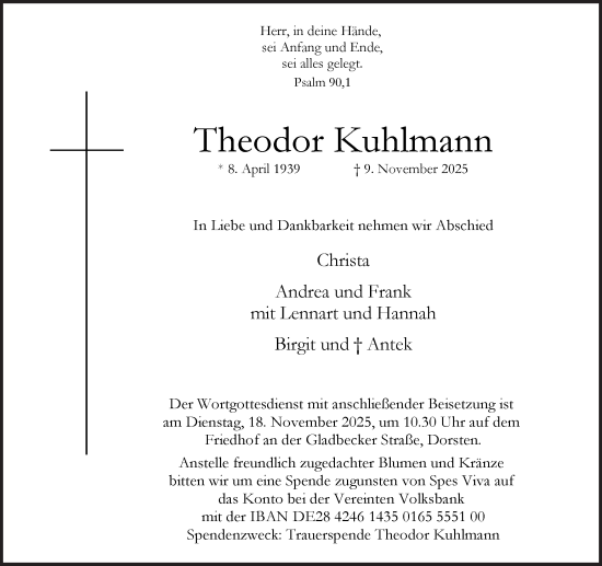 Traueranzeige von Theodor Kuhlmann von Ruhr Nachrichten und Dorstener Zeitung