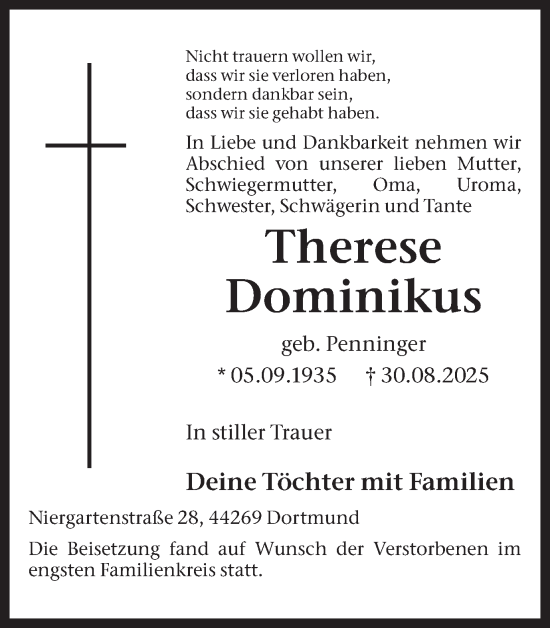 Traueranzeige von Therese Dominikus von Ruhr Nachrichten