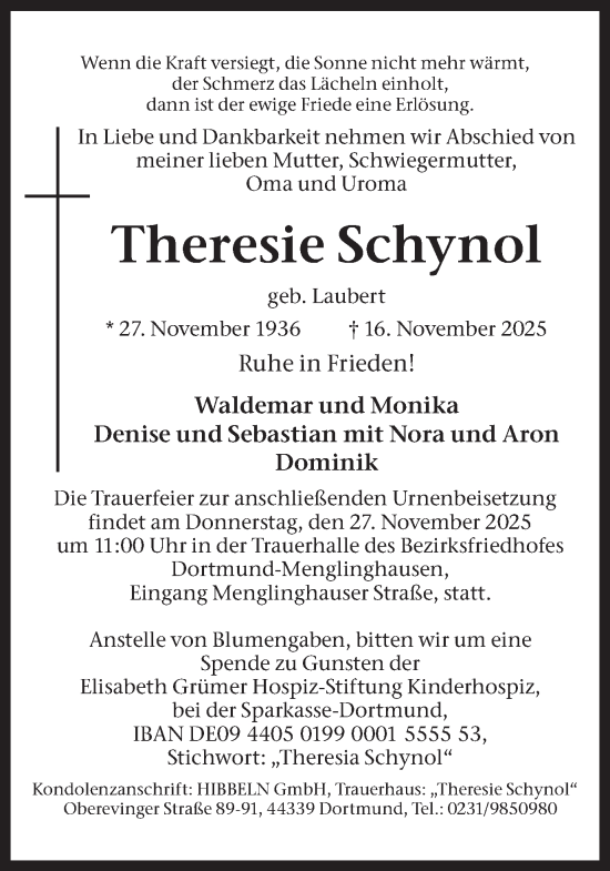Traueranzeige von Theresie Schynol von Ruhr Nachrichten