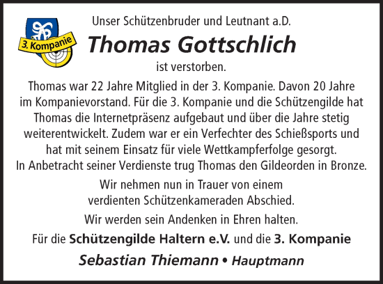Traueranzeige von Thomas Gottschlich von Ruhr Nachrichten und Halterner Zeitung